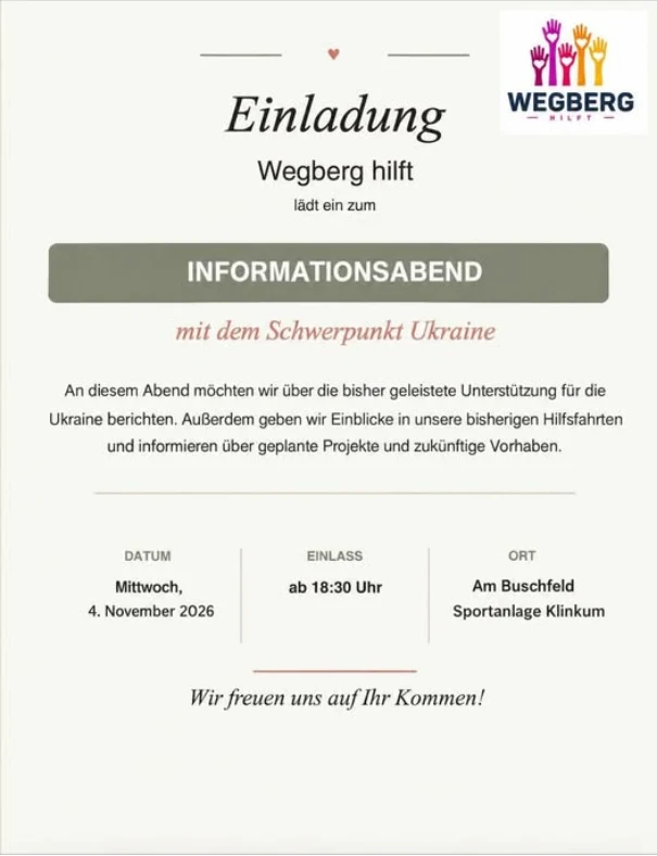 Einladungsflyer von Wegberg Hilft zum Informationsabend mit Schwerpunkt Ukraine am 4. November 2026 in der Sportanlage Klinkum